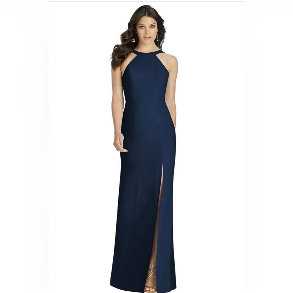 NWT‎ Dessy Collection Vivian Diamond Crepe Halter Trumpet Gown Midnight N…